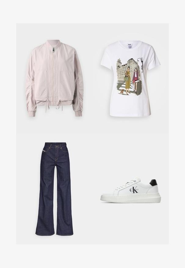 Vaaleanpunaista bomber-takkia, jossa on vetoketjukiinnitys, joustavat hihansuut, kaksi etutaskua ja kiristysnauha helmassa. Silkkinen pinta ja rypytettyjen hihojen yksityiskohtia.; Valkoinen puuvillainen t-paita, jossa on painettu kuva kahdesta naisesta kaupunkimuotityyleissä, koirasta suojatiellä ja kaupungin rakennuksista.; Tummansiniset leveälahkeiset farkut denimmateriaalista, joissa on korkea vyötärö. Niissä on oranssit tikkaus, viisi taskua ja napitus.; Valkoiset matalat tennarit, joissa on musta kantapää, alustasolki, nauhat ja Calvin Kleinin "CK" logo sivuilla.