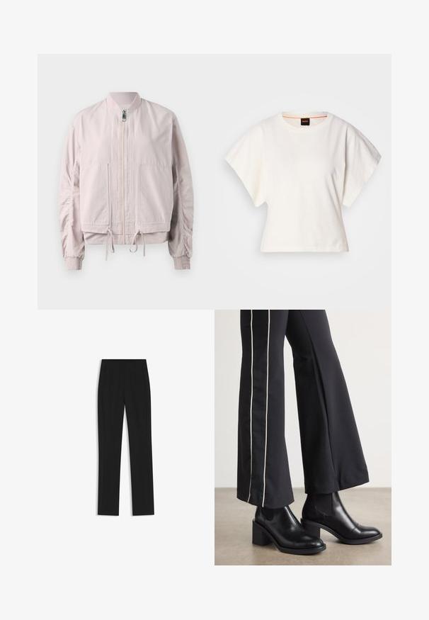 Helle pink Bomberjacke mit Reißverschluss vorne, elastischen Bündchen, zwei Fronttaschen und Kordelzugsaum. Glatte Textur mit gerafften Ärmelverzierungen.; Weißes, kurzes T-Shirt, kurze weite Ärmel, weicher Baumwollstoff, runder Ausschnitt mit subtilen orangefarbenen Akzenten, minimales Design, keine Muster oder Grafiken.; Schwarze maßgeschneiderte Hose mit geradem Bein, ausgestattet mit Fronttaschen und einem glatten, strukturierten Stoff. Saubere, minimale Details.; Schwarze Lederstiefeletten mit einem Blockabsatz, ausgestattet mit elastischen seitlichen Einsätzen. Kombiniert mit schwarzen Hosen, die einen weißen Seitenstreifen haben.