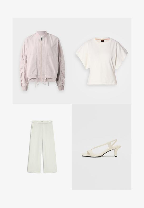 Helle pink Bomberjacke mit Reißverschluss vorne, elastischen Bündchen, zwei Fronttaschen und Kordelzugsaum. Glatte Textur mit gerafften Ärmelverzierungen.; Weißes, kurzes T-Shirt, kurze weite Ärmel, weicher Baumwollstoff, runder Ausschnitt mit subtilen orangefarbenen Akzenten, minimales Design, keine Muster oder Grafiken.; Weite Hose aus zartem Creme-Stoff, mit seitlichen Taschen, flatem Bund und einer Knopfverschluss an der Taille. Glatte Textur.; Beige Blockabsatzsandalen mit dünnen Riemen und quadrater Spitze. Glattes Material mit minimalem Design, entworfen für einfaches Tragen.