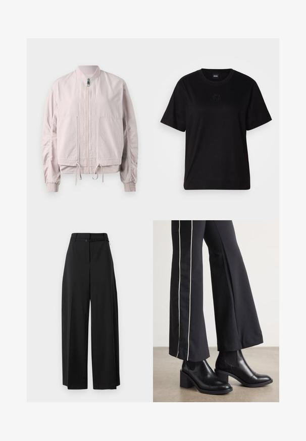 Helle pink Bomberjacke mit Reißverschluss vorne, elastischen Bündchen, zwei Fronttaschen und Kordelzugsaum. Glatte Textur mit gerafften Ärmelverzierungen.; Schwarzes Baumwoll-T-Shirt mit Rundhalsausschnitt, kurzen Ärmeln und aufgesticktem Logo auf der Brust. Einfacher, lässiger Schnitt ohne Muster.; Schwarze weite Hose mit hohem Bund und Gurt. Sie hat eine glatte Textur und klare Linien und ist für eine lockere Passform konzipiert.; Schwarze Lederstiefeletten mit einem Blockabsatz, ausgestattet mit elastischen seitlichen Einsätzen. Kombiniert mit schwarzen Hosen, die einen weißen Seitenstreifen haben.