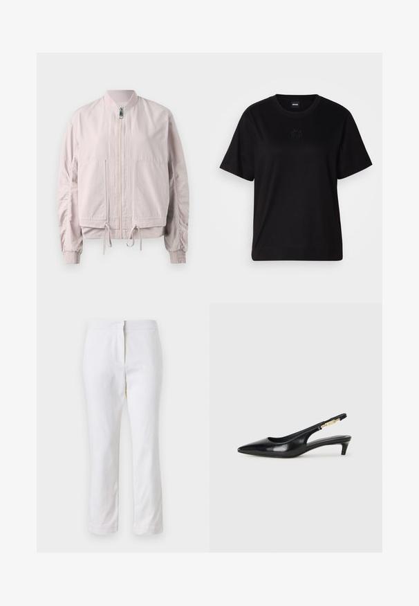 Chaqueta bomber rosa claro con cierre de cremallera frontal, puños elásticos, dos bolsillos frontales y dobladillo con cordón. Textura suave con detalles de mangas fruncidas.; Camiseta de algodón negra con cuello redondo, mangas cortas y un logo bordado en el pecho. Ajuste simple y relajado sin patrones.; Pantalones de algodón blancos con un diseño de pierna recta, que cuentan con una cintura de media altura y sin herrajes o patrones visibles. Textura suave en todo su recorrido.; Tacones negros de piel sintética tipo slingback con punta afilada, que cuentan con un tacón delgado y un detalle en tono dorado en la correa ajustable. Textura suave.