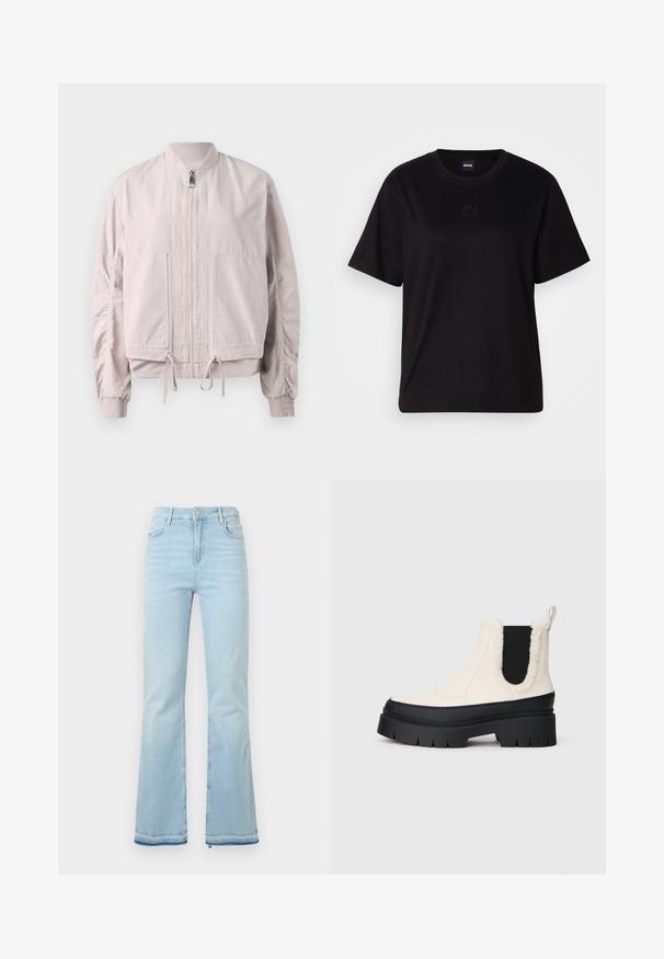 Light pink bomber jacket with a zip front, elastic cuffs, two front pockets, and drawstring hem. Smooth texture with gathered sleeve detailing.; Black cotton t-shirt with a crew neckline, short sleeves, and an embroidered logo on the chest. Simple, relaxed fit with no patterns.; Light blue flared jeans made of denim, featuring a high waist, front pockets, and a raw hem at the cuffs for a casual look.; Chunky platform ankle boots with a white upper, black rubber sole, and contrasting black elastic side panels. Faux fur trim at the top edge.