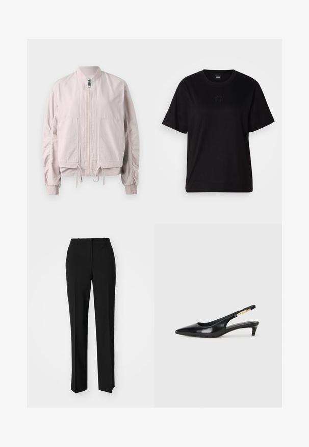 Veste bomber rose clair avec une fermeture éclair sur le devant, des poignets élastiques, deux poches avant et un ourlet à cordon de serrage. Texture lisse avec des détails de manches froncées.; T-shirt en coton noir avec un col rond, des manches courtes et un logo brodé sur la poitrine. Coupe simple et décontractée sans motifs.; Pantalon noir ajusté avec une coupe droite, présentant une texture lisse et des plis nets sur le devant. Aucune quincaillerie visible.; Talons hauts en cuir noir avec un bout pointu, dotés d'un talon fin et d'un accent en ton or sur la lanière réglable. Texture lisse.