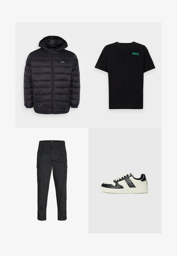 Svart polstret jakke med hette, som har glidelås foran, sidelommer og en glatt, shiny stofftekstur. Merkelig quiltet design.; svart t-skjorte laget av bomull med korte ermer. Har et grønt "ROOTS"-logo på forsiden, rund halsutringning og standard passform.; Sorte cargo bukser laget av slitesterkt stoff, med flere lommer, knappelukking og en slim fit-design med avsmalnede ben.; Lædersneakers med sort og creme farveskema, der har perforerede detaljer, en polstret krave og en struktureret ydersål.
