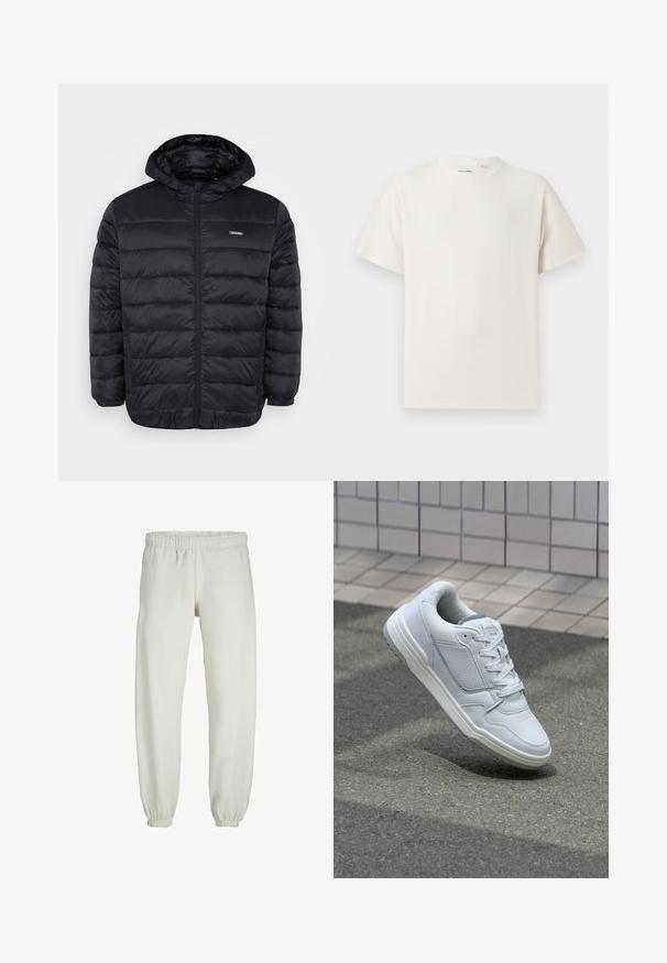 Jachetă neagră căptușită cu glugă, dotată cu fermoar frontal, buzunare laterale și o textură de țesătură netedă și lucioasă. Designucovorât remarcabil.; Tricou alb cu maneci scurte, dintr-un material ribbed. Guler rotund, croi lejer, fără modele sau accente vizibile. Design simplu și versatil.; Pantaloni de trening albi, realizati dintr-un textile moale, avand talie elastica si mansete, cu o textura fina si un design lejer.; Adidași din piele albă cu părți perforate, accente texturate, șireturi plate și un călcâi gri contrastant. Prezintă o talpă ușor ridicată.