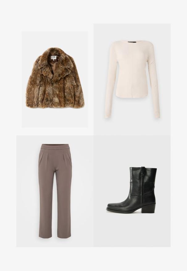 Rudas dirbtinis kailio paltas su apykakle, turintis tekstūruotą, sluoksniuotą dizainą. Vidaus pamušalas pagamintas iš lygaus audinio. Viduje matomas etiketės ženkliukas.; Ilgesnių rankovių, šviesiai bežinis viršus su apvaliu iškirpimu. Pagamintas iš minkštos medžiagos, turi centrinę siūlę ir šiek tiek kreivą apatinių kraštų liniją. Matomų detalių nėra.; Smėlinės laisvo kirpimo kelnės su elastinga juosmens juostele ir priekine klostele, pagamintos iš lygaus audinio.; Juodi odiniai aulinukai iki kulkšnies su apvali nosimi, blokuotais kulnais, šonine užtrauktuku ir siuvimo akcentais ant viršutinės dalies. Lygi tekstūra, klasikinis dizainas.