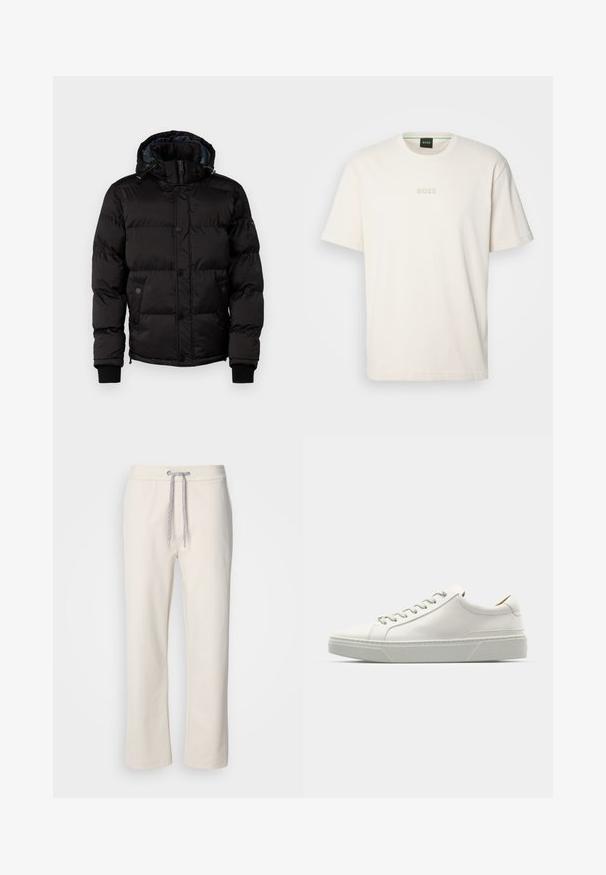 Guess STRETCH JACKET - Téli dzseki - jet black; BOSS TEE - Basic póló - open white; Krém színű, laza nadrág, húzózsinórral a deréknál és egyenes szárakkal, egy sima fehér háttér előtt bemutatva.; Fehér bőrből készült sneaker, lekerekített orral, minimalista dizájnnal, szürke fűzőkkel és textúrázott szürke gumitalppal. Diszkrét varrási részletek láthatóak.