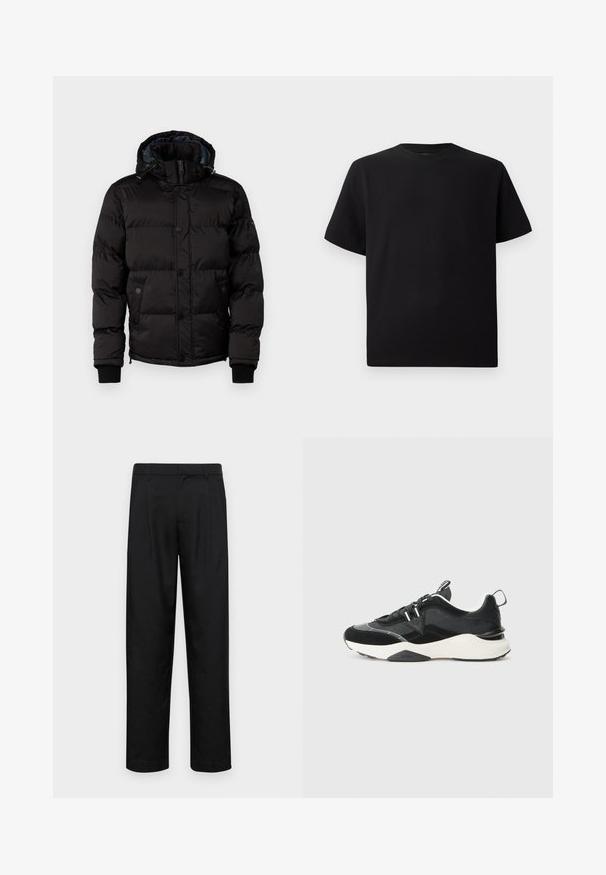 Guess STRETCH JACKET - Talvitakki - jet black; Mustat lyhyet hihattomat T-paidat, jotka on valmistettu teksturoidusta kankaasta. Pyöreä pääntie ja rento istuvuus. Yksinkertainen, ilman kuvioita tai yksityiskohtia.; Mustat housut, jotka on valmistettu sileästä kankaasta, suoran lahkeen muotoilulla, kahdella etupleekillä ja tavanomaisella vyötäröllä, jossa on vyölenkit.; Musta lenkkari, jossa yhdistyvät mokka- ja verkkokankaat, muhkea valkoinen pohja ja heijastavat yksityiskohdat. Nauhakuuluma ja vetokahva.