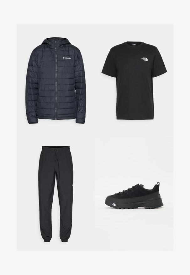 Tamsiai mėlynas šiltas paltas su horizontaliu siuvinėjimu, užtrauktukas priekyje, reguliuojama kapučina ir „Columbia“ logotipas ant krūtinės.; Juoda medvilninė marškinė su trumpomis rankovėmis, apvaliu iškirpimu ir maža balta logo kairėje krūtinės pusėje. Paprastas dizainas, lygi tekstūra ir laisvas pritaikymas.; Juodos sportinės kelnės, pagamintos iš lengvos medžiagos, su raišteliu liemens srityje, šoniniais kišenėmis ir siaurėjantys apykaklės prie kulkšnies.; Juodas lauko sportinis batelis su zomšiniu viršumi, tekstūruota guma padais ir tvirtas raištelių sistema. Yra sustiprinta kulno dalis ir prekės ženklo logotipas šone.