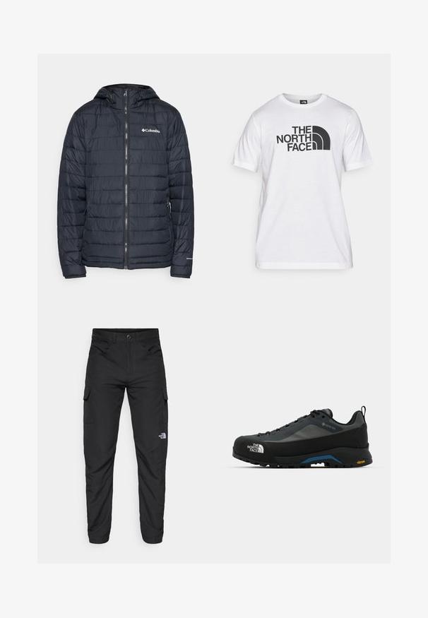 Sötétkék bélelt dzseki vízszintes tűzött mintával, cipzáras elejével, állítható kapucnijával és a mellkasán nyomtatott Columbia logóval.; Fehér pamut póló fekete grafikai nyomattal, amely szöveget és egy ívelt logótervezést tartalmaz. Kerek nyakkivágás és rövid ujjú. Egyszerű textúra.; The North Face HORIZON PANT - Szabadtéri nadrágok - black; The North Face VERTO ALPINE GORE TEX - Túracipők - asphalt grey/tnf black