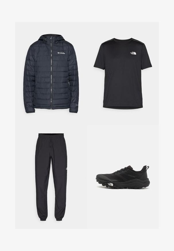 Tumši zils izolēts jaka ar horizontālu quilted rakstu, rāvējslēdzēju priekšā, regulējamu kapuci un Columbia logo uz krūtīm.; Melnas īsām piedurknēm T-kreklas, izgatavots no viegla auduma. Uz kreisā krūtīm ir neliels balts logo un smalki plecu akcenti.; Melni sporta bikses, kas izgatavotas no viegla auduma, ar savelcamu jostu, sānu kabatām un sašaurinātiem apakšējiem galiem pie potītēm.; Melnas taku skriešanas kurpes ar teksturētu virsu, gumijas zoli un pastiprinātu pirkstu daļu. Aprīkotas ar mīkstu apkakli un vilkšanas cilpu, lai viegli uzvilktu.