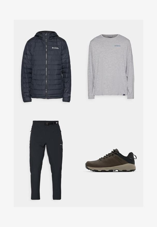 Tamsiai mėlynas šiltas paltas su horizontaliu siuvinėjimu, užtrauktukas priekyje, reguliuojama kapučina ir „Columbia“ logotipas ant krūtinės.; Šviesiai pilka ilgomis rankovėmis marškinėliai, pagaminti iš minkštos, tekstūruotos medžiagos. Yra apvalus kaklas ir mažas mėlynas "Patagonia" logotipas krūtinėje.; Columbia ESSENTIAL HIKE™ PANT - Lauko kelnės - black; Rudi nepralaidūs sportbačiai su tekstūruota viršutine dalimi, perforuotomis detalėmis, juodu kulno palaikymu ir pilku guminio padu. Šniūreliai yra dekoruoti metaliniais galais.