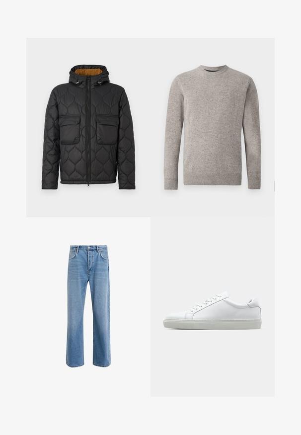 Černá prošívaná péřová bunda s kapucí, která má dvě přední kapsy, zipové zapínání a kontrastní oranžovou podšívku.; Svetle šedý pletený svetr s kulatým výstřihem, dlouhými rukávy a žebrovanými manžetami a lemem. Texturovaný vzor s barevnými skvrnami.; Světle modré džínové kalhoty s rovnými nohavicemi, pěti kapsami, zapínáním na knoflík, minimálním vyblednutím a kontrastním prošitím.; Bílé tenisky s hladkým koženým svrškem a nízkým profilem. Mají zaoblenou špičku, šest nýtů a texturovanou gumovou podrážku.
