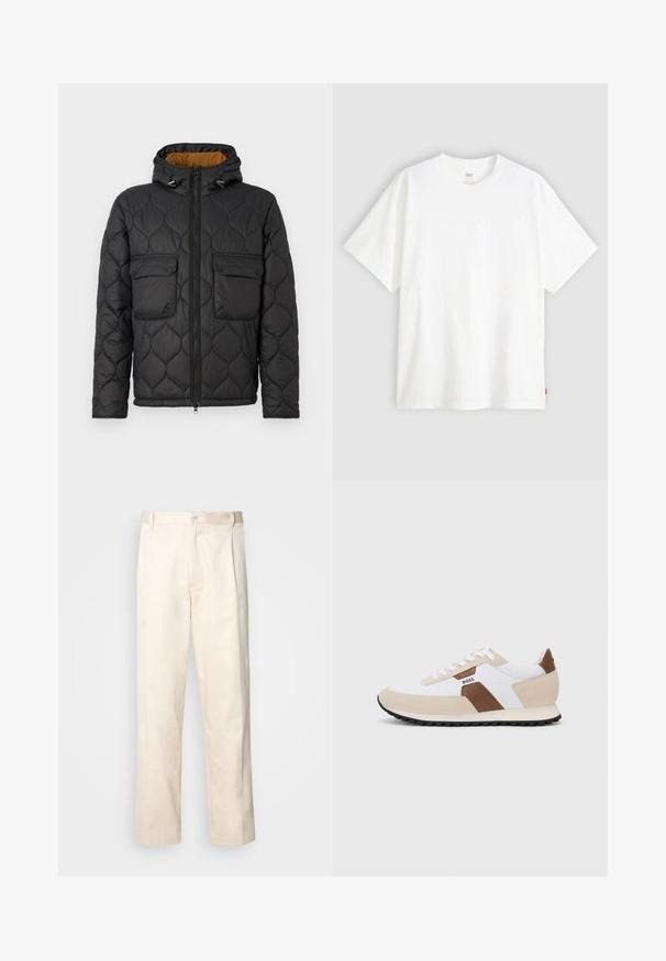 Casaco puffer acolchoado preto com capuz, apresentando dois bolsos frontais, um fecho com zíper e um forro interior laranja em contraste.; T-shirt branca de manga curta, feita de algodão, com decote redondo. Apresenta um discreto detalhe de logotipo em relevo na frente e uma etiqueta vermelha na bainha.; Calças de algodão bege com corte reto, apresentando um fecho de botão e pregas na frente para um detalhe adicional.; Sapatilhas com uma combinação de malha branca e camurça bege, com um detalhe em pele castanha. Bico arredondado, sola de borracha plana e design com atacadores.