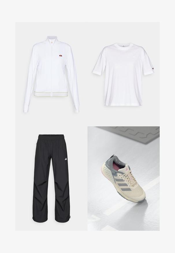 Hvid atletisk jakke med høj krave, fuld lynlås og broderet logo. Har kontraststriber ved kanten og ærmerne for ekstra detaljer.; Hvid bomulds T-shirt med rund hals, korte ærmer og et lille logo på venstre bryst. T-shirten har en afslappet pasform og ensfarvet design.; Sorte, letvægts, vandtætte bukser med elastisk talje, sidelommer og justerbare manchetter. Har et hvidt logo på venstre lår.; Beige sporty sko med grå accenter, netoverdel og en tekstureret sål. Har tre grå striber og rosa indvendige detaljer.