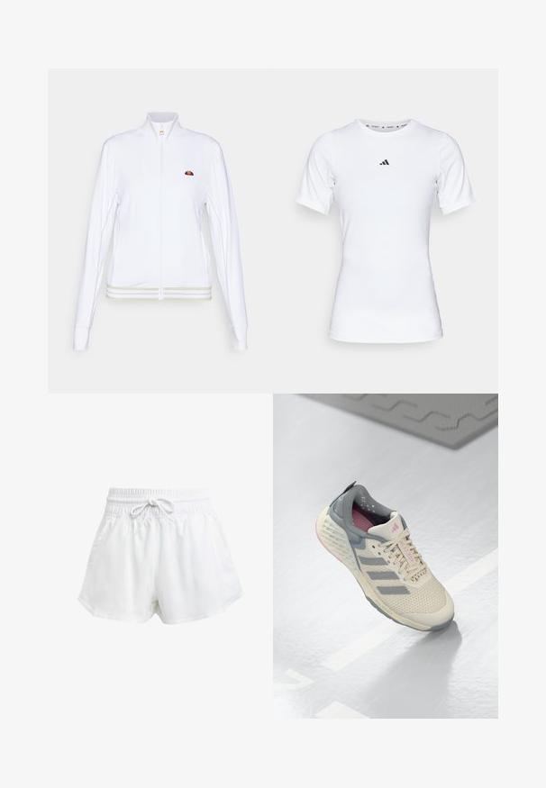 Weiße Sportjacke mit hohem Kragen, durchgehendem Reißverschluss und gesticktem Logo. Verfügt über kontrastierende Streifen am Saum und an den Ärmelbündchen für zusätzliche Details.; Weißes Sportshirt mit kurzen Ärmeln, aus glattem, dehnbarem Stoff. Mit kleinem schwarzem Adidas-Logo auf der Brust.; Weiße Sportschorts mit elastischem Bund und einstellbarem Kordelzug. Hergestellt aus leichtem Material, mit seitlichen Taschen und lockerer Passform.; Beige Sportschuh mit grauen Akzenten, mesh-obermaterial und einer strukturierten Sohle. Verfügt über drei graue Streifen und pinke Innendetails.