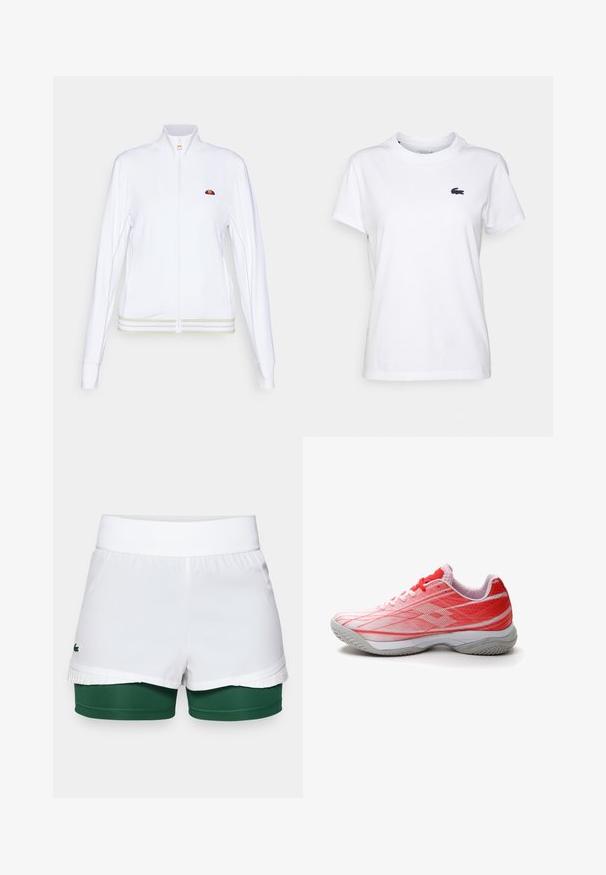 Valge sportlik jakk kõrge kraega, täieliku tõmbluku ja brodeeritud logoga. Omab kontrastseid triibusid jääkil ja varrukate otstes, et lisada detaili.; Valge puuvillane T-särk ümmarguse kaelusega, lühikeste varrukatega ja väike tumesinine logo vasakul rinnal. Sile tekstuur, lõbus disain.; Valged lühikesed püksid ribakujulise vöökoha ja sisemise rohelise kihiga, mille allääres on volditud aksendid. Lacoste logo vasakul küljel.; Lotto MIRAGE 300 - Savikattega väljaku tennisejalatsid - koralle weiss hellgrau