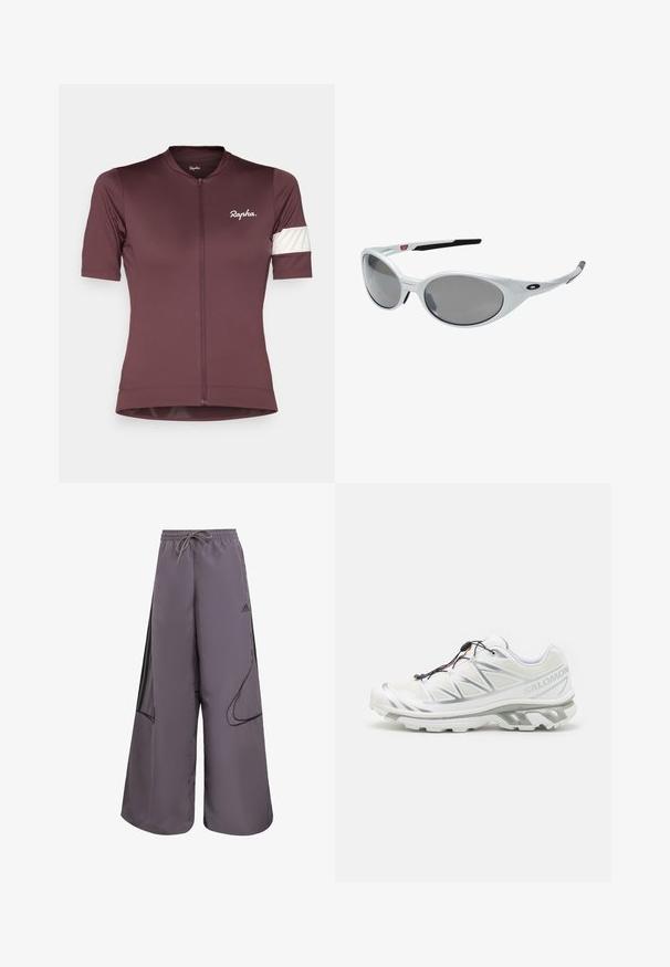 Short-sleeved cycling jersey in deep maroon with a front zipper. Features white accent stripe on the left sleeve and logo on the chest.; Long-sleeve athletic shirt in white fabric, featuring a rounded neckline and black Adidas logo on the left shoulder and side accent.; Purple wide-leg pants made of lightweight fabric, featuring a drawstring waist, side pockets, black accents, and a logo detail.; White athletic shoe with a textured upper, reflective accents, and a grey sole. Features accentuated triangular patterns and a quick-lace system.; White plastic sunglasses with large oval lenses, gray tinted. Features black ear grips and a small logo on the frame. Smooth finish.