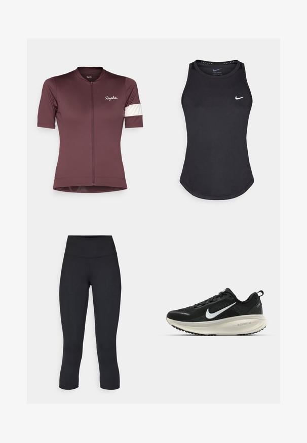 Maillot de cyclisme à manches courtes en bordeaux profond avec une fermeture éclair à l'avant. Présente une bande de couleur blanche sur la manche gauche et un logo sur la poitrine.; Débardeur de sport noir en matériau anti-humidité. Il présente un col rond, une coupe slim et un logo Nike blanc sur la poitrine.; Leggings noirs coupés en tissu extensible, avec une taille haute et une texture lisse, sans motifs ni éléments visibles.; Baskets de course noir Nike avec tige respirante en mesh, logo swoosh blanc, détails texturés et semelle intermédiaire ZoomX de couleur crème.