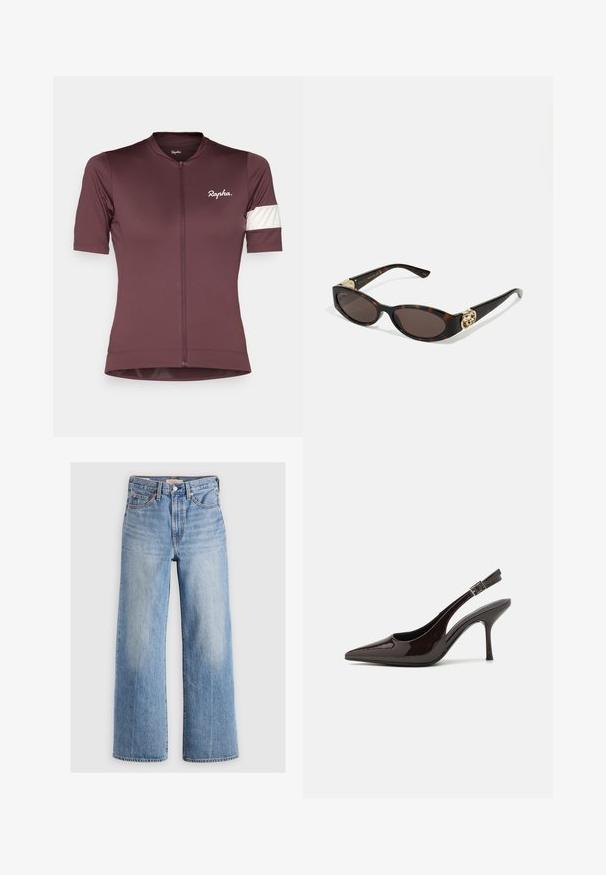 Trumpas rankovės dviračių maudis tamsiai raudonos spalvos su priekiniais užtrauktukais. Yra baltos spalvos akcentinė juostelė ant kairės rankovės ir logotipas ant krūtinės.; Balta maikutė su V formos iškirpte, dekoruota subtiliu nėriniu, plonomis reguliuojamomis petnešėlėmis ir minkšta, glotnia medžiaga.; Šviesiai mėlyni džinsiniai kelnių plačiais kojomis ir aukštu liemeniu, su nusidėvėjusiomis vietomis, penkiomis kišenėmis ir kontrastinėmis siūlėmis. Klasikinis uždarymas mygtuku ir užtrauktuku.; Blizganti tamsiai ruda lakinės odos aukšto kulno bateliai, smailus nosis, atviros šoninės dalys ir reguliuojamas kulkšnies dirželis.; Tortoise kiaurinių saulės akinių su pailgomis ovalo formos lęšiais, rudos spalvos atspalviu, auksinėmis logotipo detalėmis ant šakelių ir elegantiškais juodais rankenėlėmis.; Aukso spiralės auskarai su skaidriais užsegimais, pabrėžiantys tekstūruotus auksinius akcentus ir mažas skaidrias brangakmenių detales.