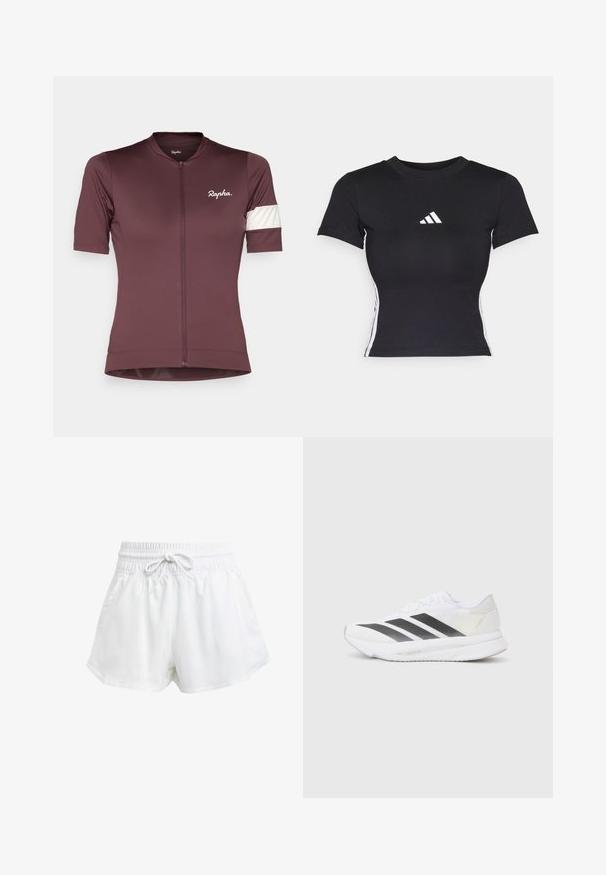 Short-sleeved cycling jersey in deep maroon with a front zipper. Features white accent stripe on the left sleeve and logo on the chest.; Black fitted t-shirt made of smooth fabric. Features short sleeves and white adidas logo on the chest. White stripes down the sides.; White athletic shorts with an elastic waistband and adjustable drawstring. Made from lightweight material, featuring side pockets and a loose fit.; White athletic shoe with black diagonal stripes, mesh upper, rounded toe, and textured sole. Accents include a silver heel and minimalistic design.