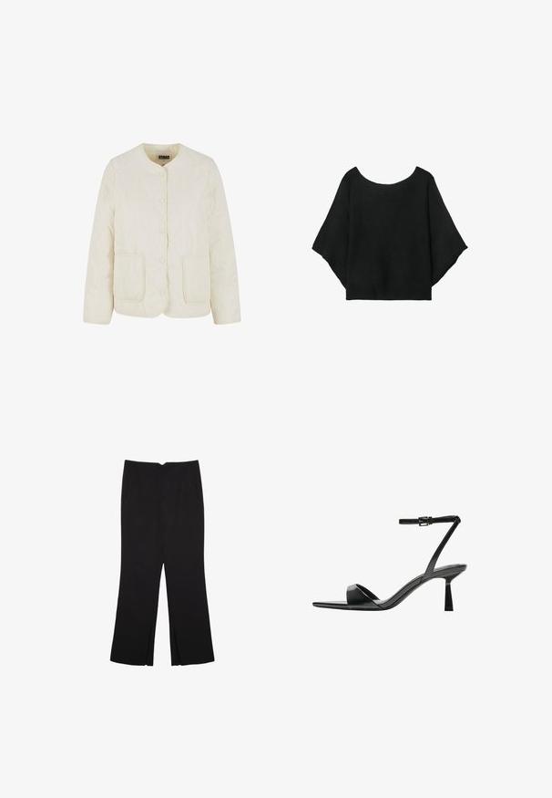 Licht crèmekleurige gewatteerde jas met een ronde halslijn, knopen aan de voorkant en twee zakken. Voorzien van een golvende stikpatroon en een zachte textuur.; Zwart gebreid top met wijde mouwen, een ronde hals en een relaxte pasvorm. De stof heeft een geribbelde textuur, zonder sluitingen of patronen.; Zwarte broek met een rechte pasvorm, voorzien van zijzakken en plooien aan de onderzijde. Gemaakt van zachte, gladde stof. Geschikt voor verschillende gelegenheden.; Bershka Sandalen met hoge hak - black