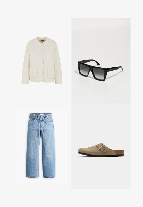 Vaalea kerrosommel takki, jossa on pyöreä kaula-aukko, etunapit ja kaksi taskua. Sisältää aaltoilevan ompelukuosin ja silkkisen pinnan.; Pitkähihaisen puuvillapaitaan, jossa on mustavalkoiset vaakaraitat, pyöreä kaula-aukko ja pehmeä rakenne. Ei näkyviä metalliosia tai koristeita.; Vaaleansiniset farkut leveillä lahkeilla, joissa on korkea vyötärö, nappi- ja vetoketjukiinnitys sekä narutasku vyötäröllä. Raaka helma.; Beige klootziga muudest jalatsitest ümara varbaga, reguleeritava pandla aktsendiga ja korkjalatsiga. Tekstureeritud pind mustast kummist tallaga haardeks.; Mustat ylisuuret neliöaurinkolasit, joissa on gradienttilinssit, paksut kehykset ja kultainen brändäys temppeleissä. Sileä muovimateriaali.