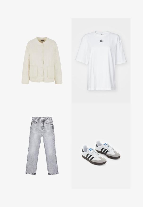 Helle, gesteppte Jacke mit rundem Ausschnitt, vorderem Knopfverschluss und zwei Taschen. Verfügt über ein gewelltes Nähmuster und eine glatte Textur.; Weißes T-Shirt mit kurzen Ärmeln aus Baumwolle. Verfügt über einen Rundhalsausschnitt und ein kleines schwarzes Adidas-Logo auf der Brust. Gerader Saum.; Graue Jeans aus Denim mit geradem Bein, mit Used-Effekten, fünf Taschen und kupferfarbenen Nieten. Der Bund verfügt über ein Logoshirt.; Sportschuhe mit einem Obermaterial aus weißem Leder, grauer Wildleder-Zehenkappe und drei schwarzen Streifen. Sie verfügen über ein blaues Logo auf der Zunge und eine strukturierte Gummisohle.