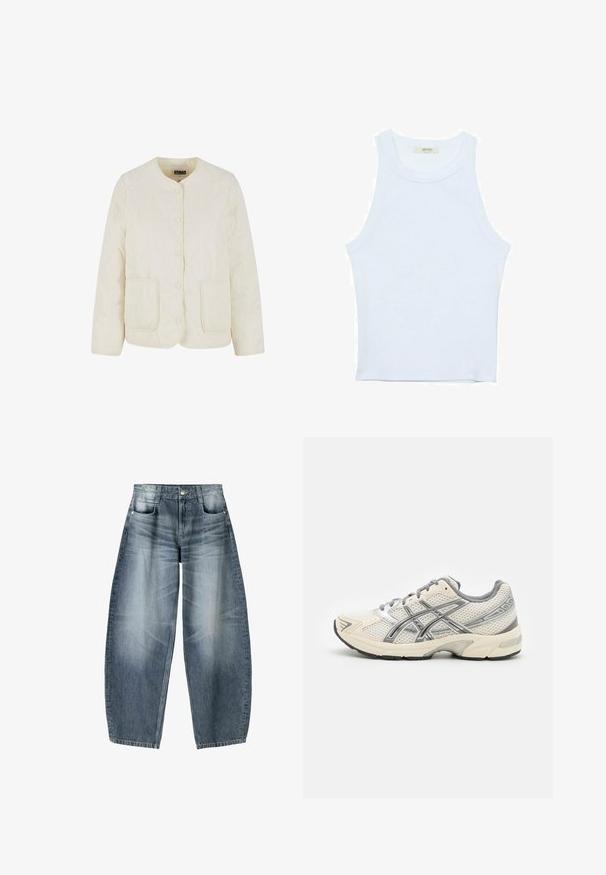 Giubbotto imbottito di crema chiara con scollo rotondo, bottoni frontali e due tasche. Caratterizzato da un motivo di cuciture ondulate e una texture morbida.; Canotta bianca, texture a coste, scollatura rotonda, design senza maniche, forma aderente, branding sottile sull'etichetta all'interno dell'area del colletto.; Jeans a gamba larga in denim azzurro chiaro con sfumature, dotati di design a cinque tasche, chiusura con bottone e dettagli di cucitura minimal.; Scarpe da corsa con tomaia in rete bianca traspirante, dettagli argentati, lacci grigi e suola in gomma nera resistente. Design leggero e ammortizzato.