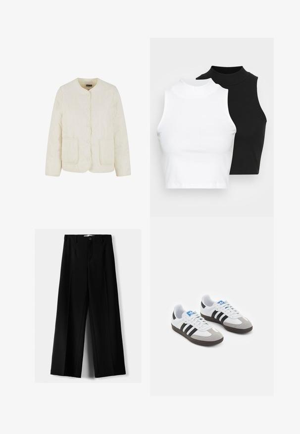 Lyscreme quiltet jakke med rund hals, frontknapper og to lommer. Har en bølget syning og en glat tekstur.; To kjoleløse ribbede turtleneck-toppe i sort og hvid, med en tætsiddende design og glat tekstur, samt cropped længde.; Sorte brede bukser lavet af letvægtsstof, med frontknaplukning og glat front, samt pænt syede kanter.; Sportsko med en overdel i hvid læder, grå ruskind på tåen og tre sorte striber. Har et blåt logo på tungen og en struktureret gummisål.