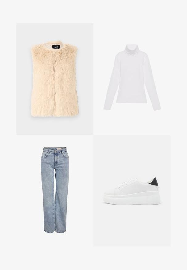 Bež prsluk od umjetnog krzna s labavom, teksturiranom površinom, bez rukava i prednjim otvorom. Podstava je obložena, s oznakom "ONLY".; Bijela majica dugih rukava s rolificom izrađena od glatkog, rastezljivog materijala. Ima visoki ovratnik i uski kroj, bez vidljivih uzoraka ili ukrasa.; Svijetloplave široke traperice napravljene od denima, s visokim strukom, dizajnom od pet džepova i suptilnim izbljeđivanjem za izgled nošenih traperica.; Bijele platforme tenisice napravljene od glatkog sintetičkog materijala, s okruglim vrhom, dizajnom s vezanjem i teksturiranom gumenom potplatom. Crni detalj na peti.