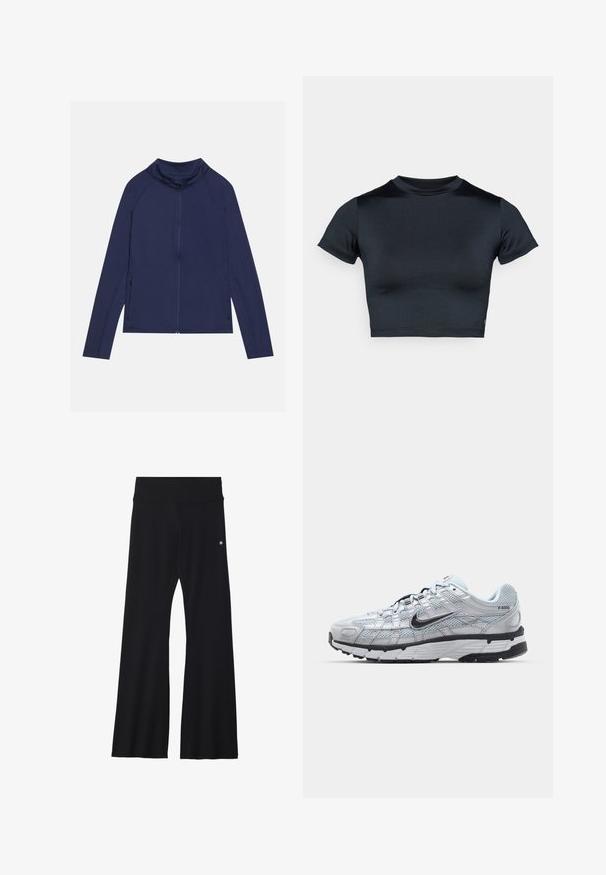 Granatowa sportowa kurtka z długim rękawem, wysokim kołnierzem, pełnym zamkiem błyskawicznym i bocznymi kieszeniami na zamek; wykonana z gładkiego, elastycznego materiału z minimalną ilością szwów.; Krótki top z krótkim rękawem w ciemnym granacie, wykonany z gładkiej, elastycznej tkaniny. Posiada okrągły dekolt i minimalne przeszycia. Brak widocznych logo.; Czarne, rozszerzane spodnie do jogi z elastycznego materiału, z szerokim pasem i małym logo w pobliżu biodra. Gładka tekstura, bez wzorów.; Nike P-6000 sneakers z jasnoszarym siateczkowym wierzchem, czarnymi akcentami i trwałą czarną gumową podeszwą. Charakteryzują się skomplikowanym wzornictwem i systemem sznurowania.