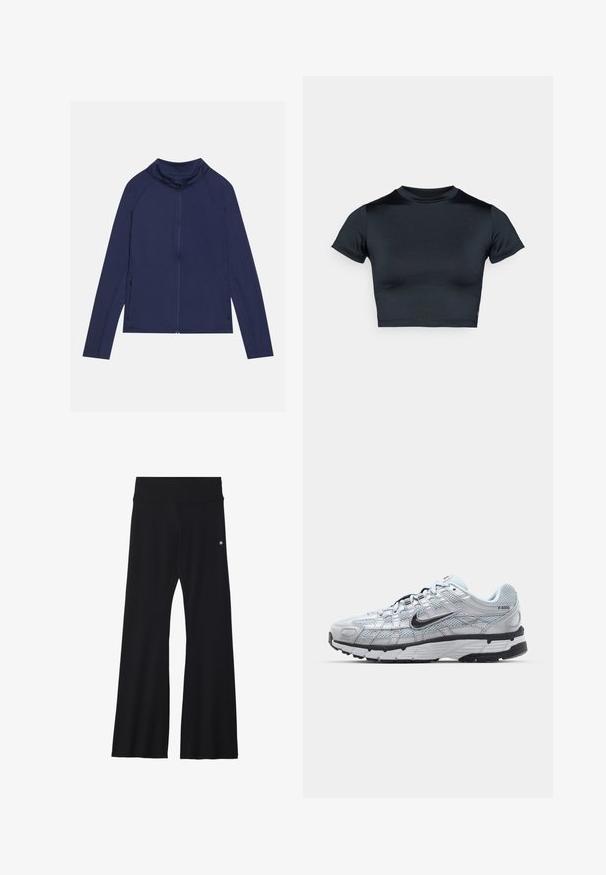 Mørkeblå langærmet sportsjakke med høj krave, fuld lynlås og sidelommer med lynlås; lavet af glat, strækbart stof med minimale syninger.; Sort cropped t-shirt med korte ærmer, lavet af glat stof. Har rund halsudskæring og minimal syningsdetalje ved kanten.; Sorte flared yoga bukser i strækbart stof, med en bred talje og et lille logo nær hoften. Glat tekstur, uden mønstre.; Nike P-6000 sneakers med en lys grå mesh overdel, sorte accenter og en holdbar sort gummisål. Har et detaljeret design og snøresystem.