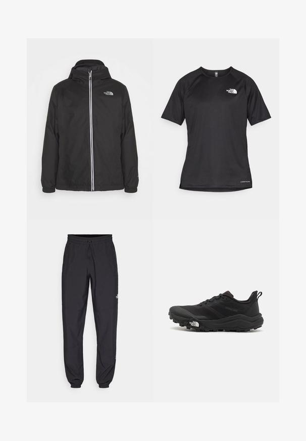 The North Face M QUEST INSULATED JACKET - Ziemas jaka - black; Melna sporta krekla īsām piedurknēm ar strukturētu audumu, kas ir ar baltu logotipu kreisajā krūtīs un taisnu apakšmalu.; Melni sporta bikses, kas izgatavotas no viegla auduma, ar savelcamu jostu, sānu kabatām un sašaurinātiem apakšējiem galiem pie potītēm.; Melnas taku skriešanas kurpes ar teksturētu virsu, gumijas zoli un pastiprinātu pirkstu daļu. Aprīkotas ar mīkstu apkakli un vilkšanas cilpu, lai viegli uzvilktu.