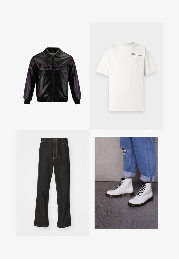 Giubbotto di pelle nera con dettagli viola, chiusura a zip e testo ricamato "Ed Hardy 1971" sul petto. Polsini e orlo a coste.; T-shirt bianca in cotone con maniche corte, scollo rotondo e testo stampato nero sul petto con la scritta "Carhartt Work in Progress 1989."; Jeans in denim nero con una vestibilità ampia, caratterizzati da cuciture bianche a contrasto, chiusura a bottone e un design a gamba dritta.; Stivali alla caviglia bianchi in pelle con lacci neri, cuciture gialle e suole in gomma robuste. Indossati con jeans azzurri arrotolati.