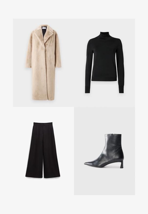 Vaaleanbeige tekokarvatakki, jossa on rento leikkaus, leveät kaulukset ja pitkät hihat. Pinnassa on pehmeä, ylellinen tekstuuri ja moderni, minimalistinen muotoilu.; Musta pitkähihaisen pooloneuleen, jossa on ribbikuvioiset hihansuut ja helma, esitetty yksinkertaisella valkoisella taustalla.; Mustat leveät housut, joissa on sileä pinta, nappikiinnitys vyötäröllä ja rento istuvuus. Ei näkyviä kuvioita tai koristeita.; Musta nahkainen nilkkabotti, jossa on teräväkärkinen muotoilu ja tyylikäs design. Varusteena matala korko ja takana vetoketjukiinnitys. Sileä pinta.