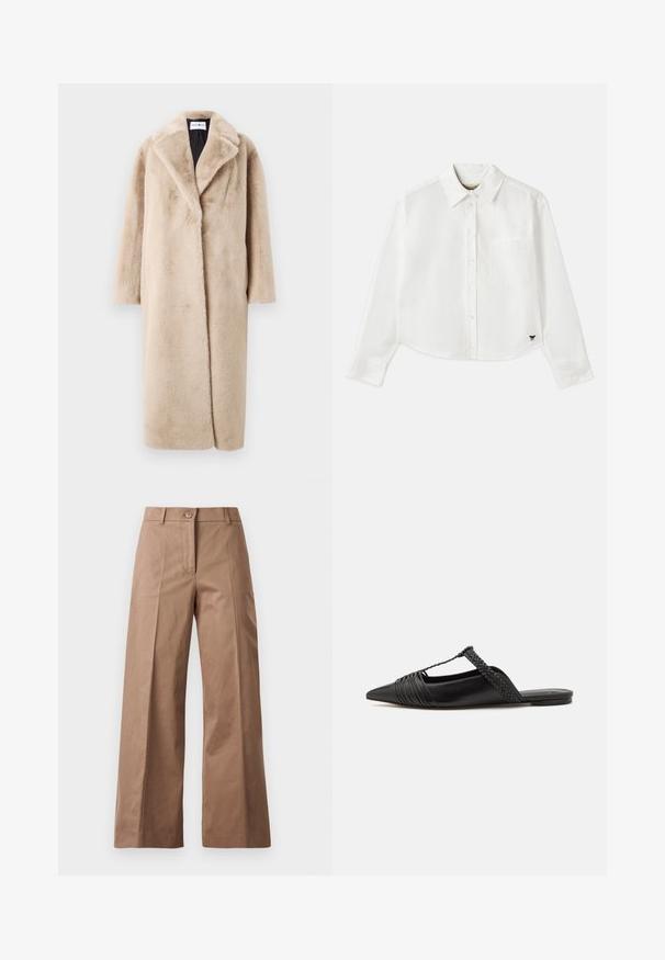 Beige neplederen bontjas met een ontspannen silhouet, brede revers en lange mouwen. Het oppervlak heeft een zachte, pluche textuur en een modern, minimalistisch ontwerp.; Witte, cropped, langemouwen shirt van katoen. Heeft een knoopsluiting aan de voorkant, een borstzak en een klein zwart logo op de linksonder.; Bruine wijde broek gemaakt van een gladde stof, met een voorknoopsluiting, twee zijzakken en strakke, op maat gemaakte lijnen.; Zwarte leren slingback schoen met een puntige neus, voorzien van een gevlochten accent en geplooid ontwerp aan de bovenkant. Platte zool met minimale hardware.