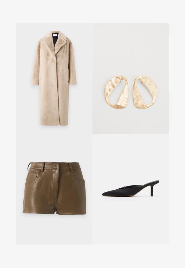 Beige faux fur coat with a relaxed silhouette, wide lapels, and long sleeves. Surface has a soft, plush texture and a modern, minimal design.; Long-sleeve white T-shirt made of ribbed cotton, featuring a round neckline and a straight hem. Simple design with no patterns or accents.; Brown faux leather shorts with a fitted design, waistband with belt loops, front pockets, and visible stitching details.; Black pointed-toe mule with a sleek design, made of smooth fabric, featuring a slender heel and open back for easy wear.; Pair of irregular oval-shaped gold-toned metal earrings with a textured, slightly hammered surface on a white background.