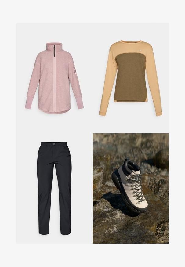 Šviesiai rožinis flisinis puloveris su aukštu apykakle, priekinėmis užtrauktukais ir kontrastingais rankogaliais. Minkšta tekstūra, laisvas kirpimas.; Marškinius ilgomis rankovėmis su šviesiai rudos spalvos viršutine dalimi ir tamsiai alyvuogių žalios spalvos apatine dalimi. Minkšta, tekstūrinė medžiaga su kontrastinėmis pečių siūlėmis.; Juodos, lengvos, vandeniui atsparios kelnės su elastinga juosta ir dviem šoninėmis kišenėmis; lygus paviršius; tiesus kelnių dizainas.; Šviesiai smėlio spalvos turizmo batai su juodu guminio pado, lankstus viršus, metaliniai akių laikikliai ir pilkos raišteliai, padėti ant akmenuoto paviršiaus.