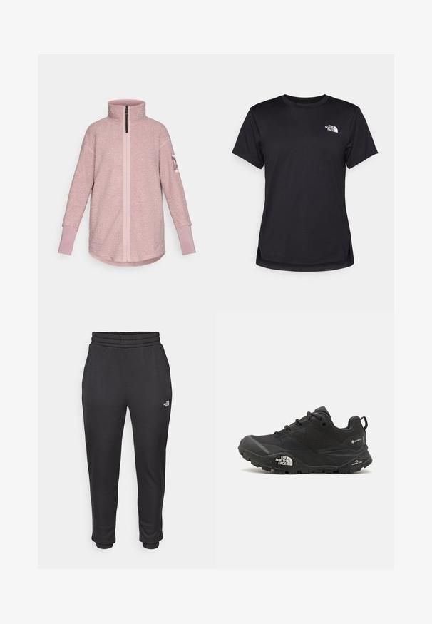 Kerge roosa fliispullover, millel on kõrge krae, eesmine lukku ja kontrastsed randmed. Pehme tekstuur ja mugav lõige.; The North Face FLEX SHORT SLEEVES TEE - Spordi T-särk - black; Mustad mustad püksid elastse vöökoha ja mansettidega, valmistatud pehmest kangast, külgpockets ja logo vasakul reiel.; Mustad matkajalanõud musta värvi, tekstuurse ülemise osa, paeltega kinnituse ja volüümika kummitald, millel on silmapaistev logo külgedel ja mustrimuster.