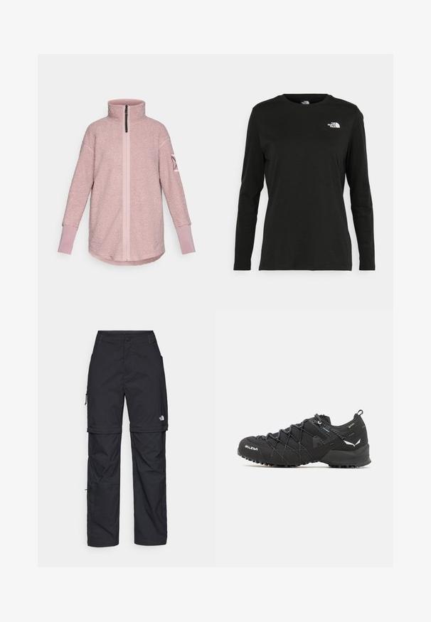 Pullover in pile di colore rosa chiaro, con collo alto, zip frontale e polsini a contrasto. Tessuto morbido con vestibilità rilassata.; T-shirt nera a maniche lunghe in cotone con colletto rotondo. Presenta un piccolo logo bianco sul lato sinistro del petto. Design semplice e vestibilità comoda.; Pantaloni cargo in nylon nero con zip rimovibile, polsini regolabili, molteplici tasche e un logo sulla gamba destra. Tessuto liscio e leggero.; Scarpe da trekking nere con tomaia in tessuto testurizzato, sistema di allacciatura e suola in gomma robusta. Accentuate da dettagli riflettenti e loghi.