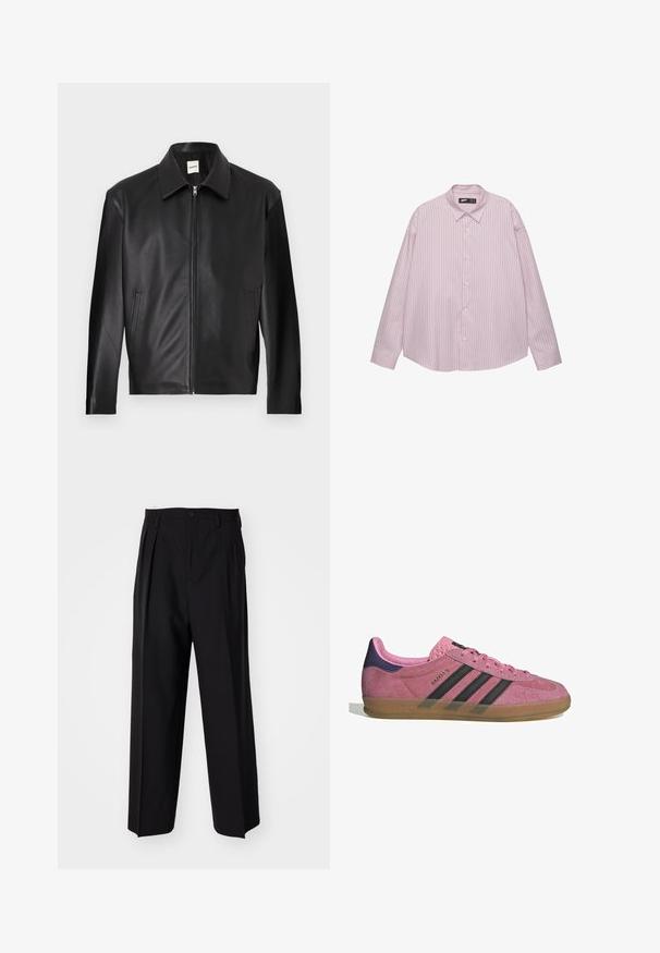 Schwarze Lederjacke mit glatter Oberfläche, Druckknopfkragen, vorderem Reißverschluss und zwei Seitentaschen. Minimalistisches Design mit einer modernen Silhouette.; Helles rosa Button-down-Hemd mit vertikalen blauen Streifen, Kragen, langen Ärmeln und lockerer Passform. Aus glattem Stoff mit leichtem Glanz gefertigt.; Schwarze, plissierte Hose mit geradem, weitem Bein. Hergestellt aus glattem Stoff, mit Knopfverschluss und Gürtelschlaufen.; Rosa Wildleder-Sneaker mit schwarzen Streifen, Gummisohle und strukturiertem lila Fersenbereich. Verfügt über ein Schnürdesign und geprägte Markenkennzeichnung an der Seite.