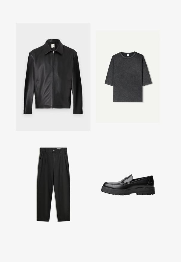 Jachetă din piele neagră cu o textură netedă, guler cu capse, fermoar frontal și două buzunare laterale. Design minimalist cu o siluetă modernă.; Tricou cu mânecă scurtă supradimensionat, de culoare gri închis, fabricat din bumbac. Are un guler rotund și cusături vizibile de-a lungul marginii.; Pantaloni negri din bumbac cu croială lejeră, având un brâu clasic, plii frontale și buzunare laterale. Textură netedă fără modele.; Mocasini din piele neagră, cu talpă groasă și profilată și bandă decorativă pe partea superioară, prezentati din profil stâng pe fundal alb.