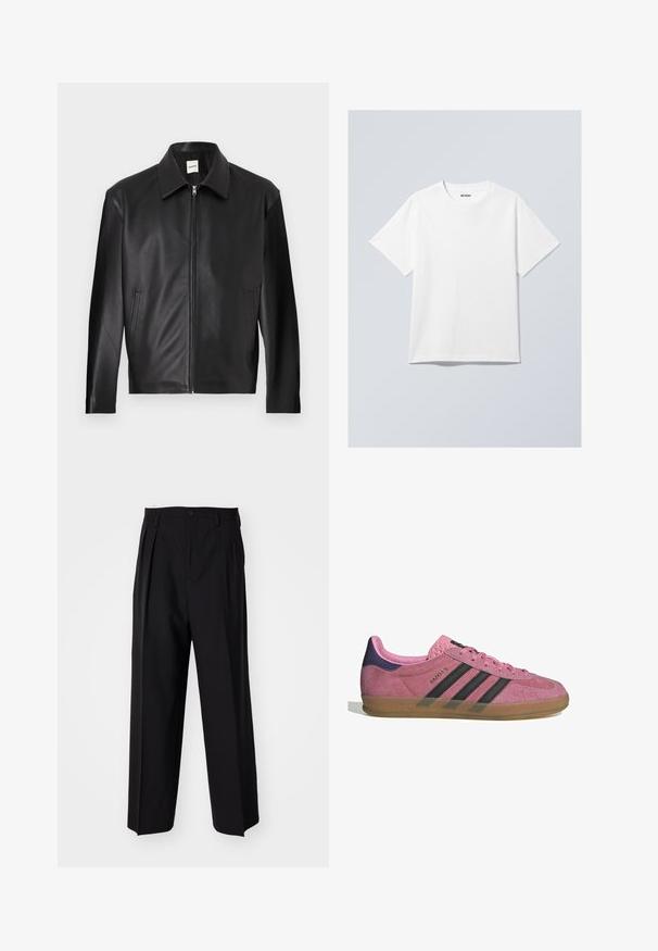 Giacca in pelle nera con una superficie liscia, colletto a bottoni, zip frontale e due tasche laterali. Design minimalista con una silhouette moderna.; Maglietta bianca in cotone con collo rotondo, maniche corte e vestibilità comoda. Presenta un'etichetta di marca con la scritta "WEEKDAY" sul collo.; Pantaloni neri a pieghe con un design dritto e gamba larga. Realizzati in tessuto morbido, con chiusura a bottone e passanti per cintura.; Sneaker in suede rosa con strisce nere, suola in gomma e tallone texturizzato viola. Presenta un design con lacci e un marchio in rilievo sul lato.