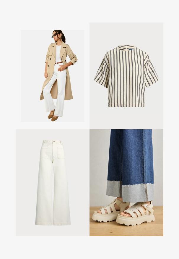 Bežs tranšejas mētelis ar melniem podziņām, platām pagriestām kraujām un sarullētām piedurknēm, apvienots ar baltām platām biksēm un brūnām platformām.; Kreklus, svītrainā blūze ar īsām piedurknēm, krēmkrāsā un tumši zilā tonī, ar apaļu apkakli un kvadrātveida dizainu, izgatavota no teksturētas auduma.; Platās kājas džinsi off-white denima. Augsta jostasvieta ar pogu aizdari, divas priekšējās kabatas un kontrastējošas šuvju detaļas.; Beige platforma sandales ar biezām zolēm, kurām ir siksniņu dizains un regulējamas potītes siksnas. Valkātas ar platām denima biksēm, kurām viens apakšmalas gals ir izsists.