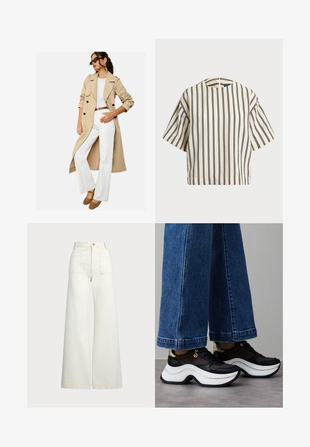 Šviesiai rusvas paltas su juodais mygtukais, plačiomis apykaklėmis ir sukritusiais rankovėmis, derinamas su baltais plačiais keliais ir rudiem platforminiais bateliais.; Kreminės ir tamsiai mėlynos juostelės trumpų rankovių marškinėliai, turi apvalų iškirpimą ir dėžutės tipo dizainą, pagaminti iš tekstūruotos medžiagos.; Plati kojinės džinsai of white denimo. Aukštas liemuo, su mygtuko uždarymu, dviem priekinėmis kišenėmis ir kontrastingai siuvinėjimu.; Juodi ir auksiniai sportbačiai su išlenktu balto padažo padu. Tekstūruotas audinys su logotipo akcentais. Derinami su plačiomis mėlynos spalvos džinso kelnėmis.