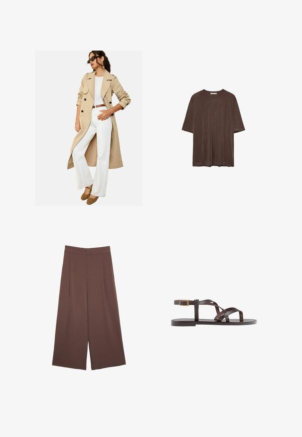 Beige trenčkot s černými knoflíky, širokým límcem a ohrnutými rukávy, doplněný bílými kalhotami s širokými nohavicemi a hnědými platformovými botami.; Hnědé tričko s krátkým rukávem vyrobené z měkké tkaniny, s kulatým výstřihem a volným střihem. Hladký povrch bez vzorů nebo akcentů.; Hnědé široké kalhoty s hladkou texturou, vysokým pasem a předními záhyby. Materiál je lehký a volně splývá.; Hnědé kožené sandály s kříženými pásky, uzavřením na přezku u kotníku a plochou podrážkou s minimem švů.