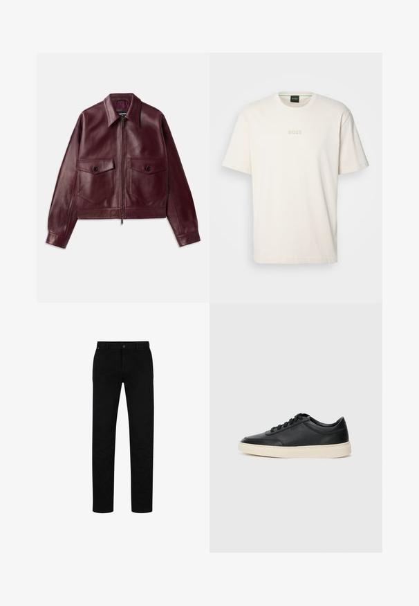 Veste en cuir bordeaux avec un design légèrement court, de grandes poches poitrine, un col et une fermeture éclair à l'avant. Texture lisse.; BOSS TEE - T-shirt basique - open white; Pantalon en coton noir à coupe droite, avec fermeture à bouton, passants de ceinture et design minimaliste. Texture lisse, sans motifs.; Baskets en cuir noires à tiges basses avec lacets noirs et semelle ivoire, présentées en profil latéral sur fond blanc.