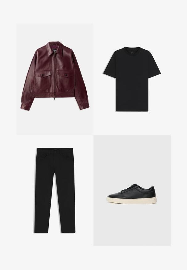 Veste en cuir bordeaux avec un design légèrement court, de grandes poches poitrine, un col et une fermeture éclair à l'avant. Texture lisse.; T-shirt noir à manches courtes en coton mélangé doux, avec un col rond et un design minimaliste sans motifs ni accents.; Pantalons en denim noir à coupe droite, avec une taille standard, cinq poches et une fermeture à bouton. Texture lisse sur toute la surface.; Baskets en cuir noires à tiges basses avec lacets noirs et semelle ivoire, présentées en profil latéral sur fond blanc.
