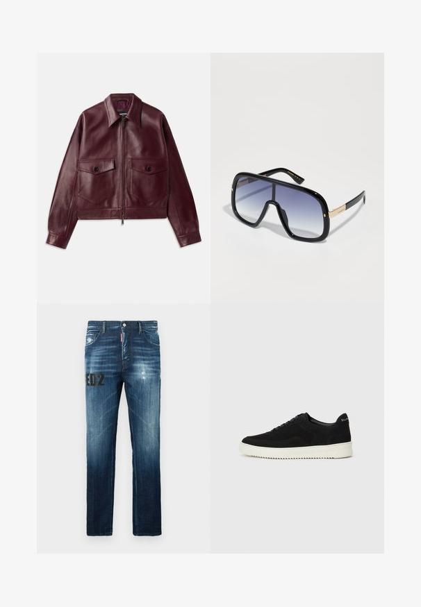 Bordeaux læderjakke med et let cropped design, store brystlommer, en krave og lynlås foran. Glat tekstur.; Sort bomulds T-shirt med rund halsudskæring, korte ærmer og "EMPORIO ARMANI" logo i hvid over "Milano" i et buet design.; Mørkeblå denim jeans med lige pasform, som har en distressed tekstur, subtil fading og et sort grafisk print på venstre ben.; Sort ruskinds sneaker med snørebånd og kontrasterende hvid gummisål. Har teksturerede sidepaneler og diskret branding på hælen.; Overdimensionerede sorte solbriller med gradient lilla linse, blank finish og guld accenter på stængerne. Rektangulær rammeform.